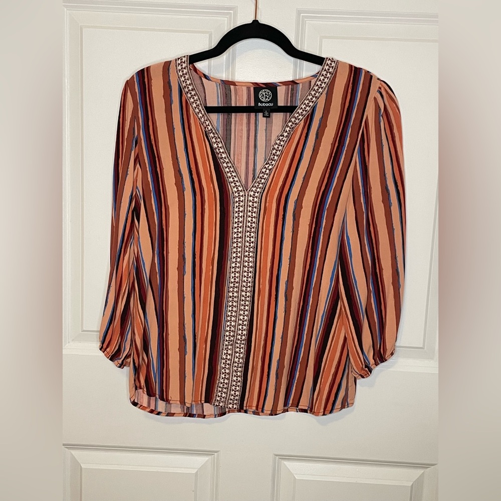 Bobeau Boho Stripe V-Neck Rayon Blouse Large